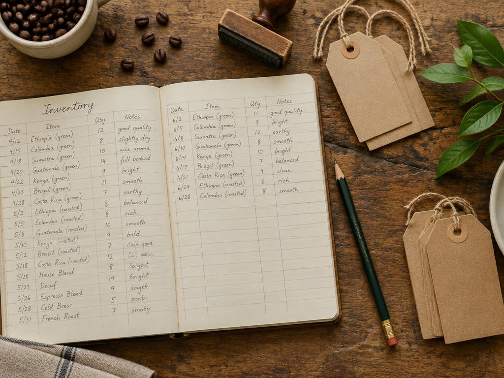 Libro de inventario con sellos y etiquetas kraft
